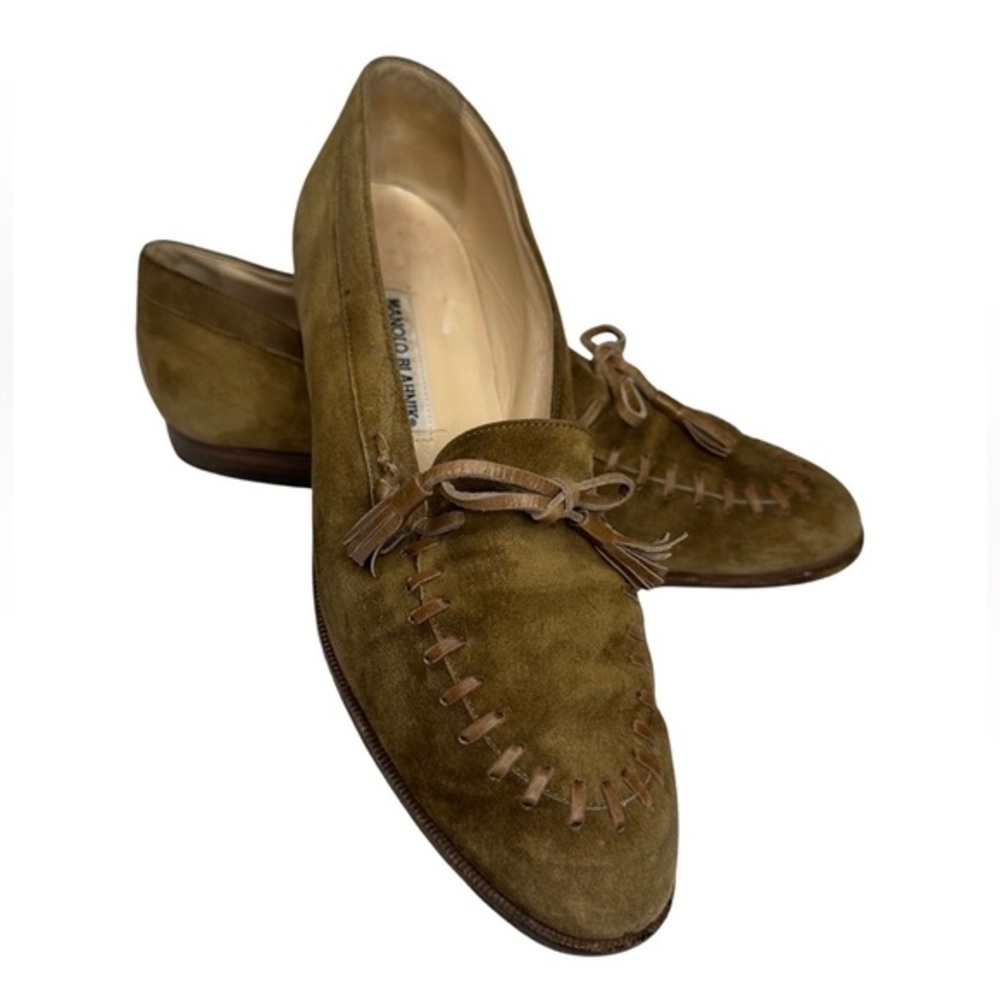 Manolo Blahnik Olive Green Suede Tassel Loafers